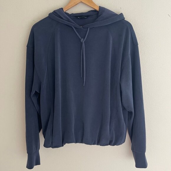 ATHLETA Dark Blue "SeaSoft" Silky Hooded Sweatshirt: New w/o Tags! SMALL PETITE - Picture 1 of 6